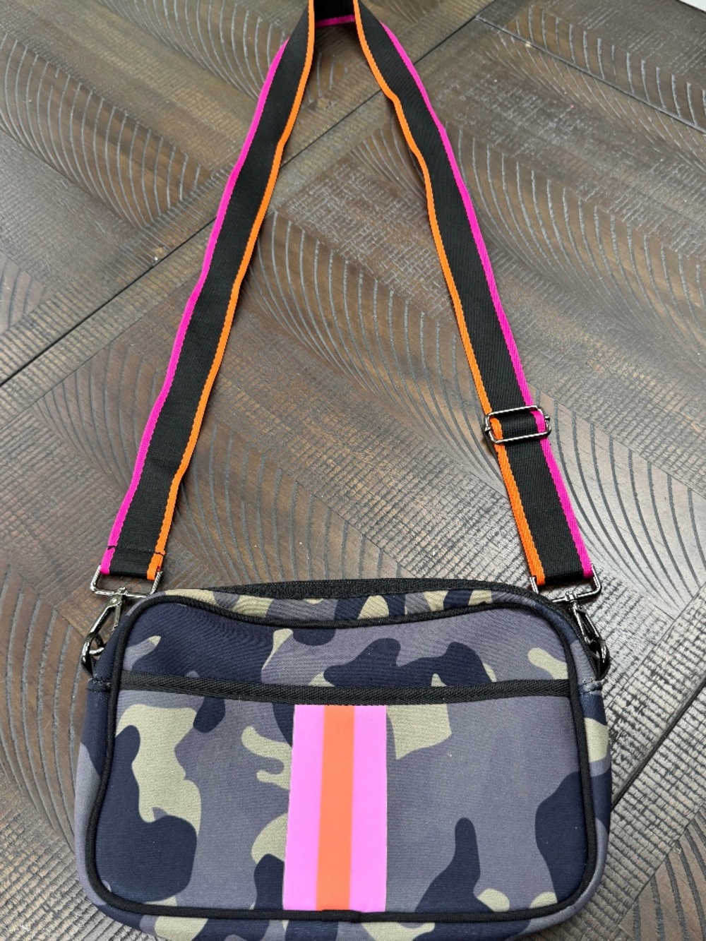 Camo Neoprene Crossbody Bag Pink Orange Stripe Adjustable Strap